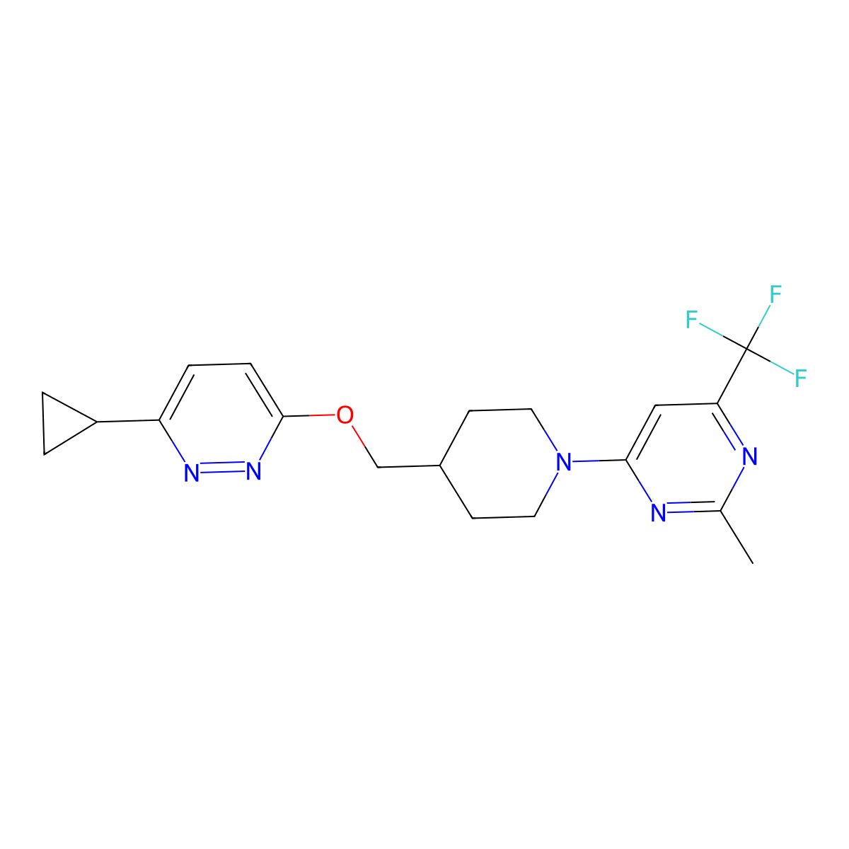 4-(4-{[(6-Cyclopropylpyridazin-3-yl)oxy]methyl}piperidin-1-yl)-2-methyl-6-(trifluoromethyl)pyrimidine molecular structure, CAS 2380034-42-2