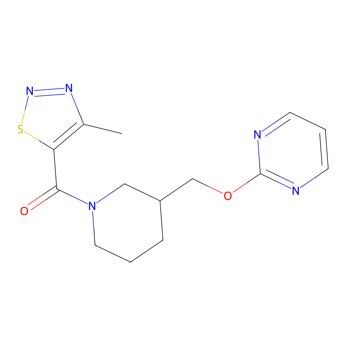 2-{[1-(4-Methyl-1,2,3-thiadiazole-5-carbonyl)piperidin-3-yl]methoxy}pyrimidine molecular structure, CAS 2380034-45-5