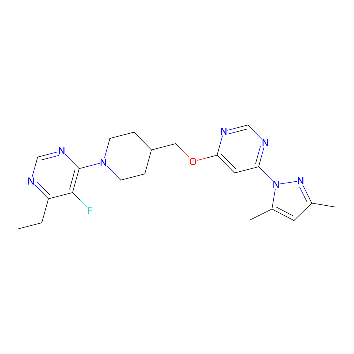 4-[4-({[6-(3,5-dimethyl-1H-pyrazol-1-yl)pyrimidin-4-yl]oxy}methyl)piperidin-1-yl]-6-ethyl-5-fluoropyrimidine molecular structure, CAS 2380034-46-6