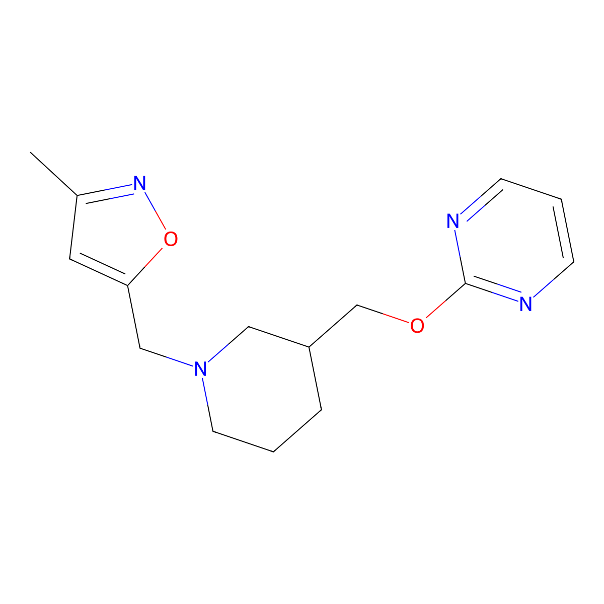2-({1-[(3-Methyl-1,2-oxazol-5-yl)methyl]piperidin-3-yl}methoxy)pyrimidine molecular structure, CAS 2380034-49-9