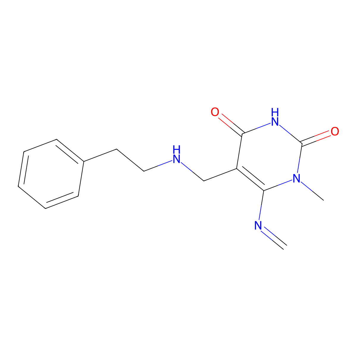 1-Methyl-6-(methylideneamino)-5-{[(2-phenylethyl)amino]methyl}-1,2,3,4-tetrahydropyrimidine-2,4-dione molecular structure, CAS 2380034-50-2