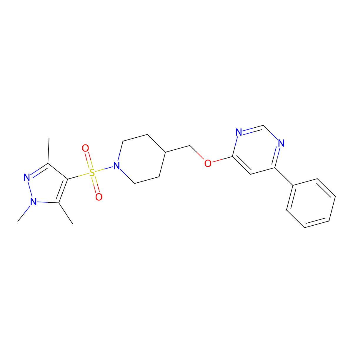 4-phenyl-6-({1-[(1,3,5-trimethyl-1H-pyrazol-4-yl)sulfonyl]piperidin-4-yl}methoxy)pyrimidine molecular structure, CAS 2380034-53-5
