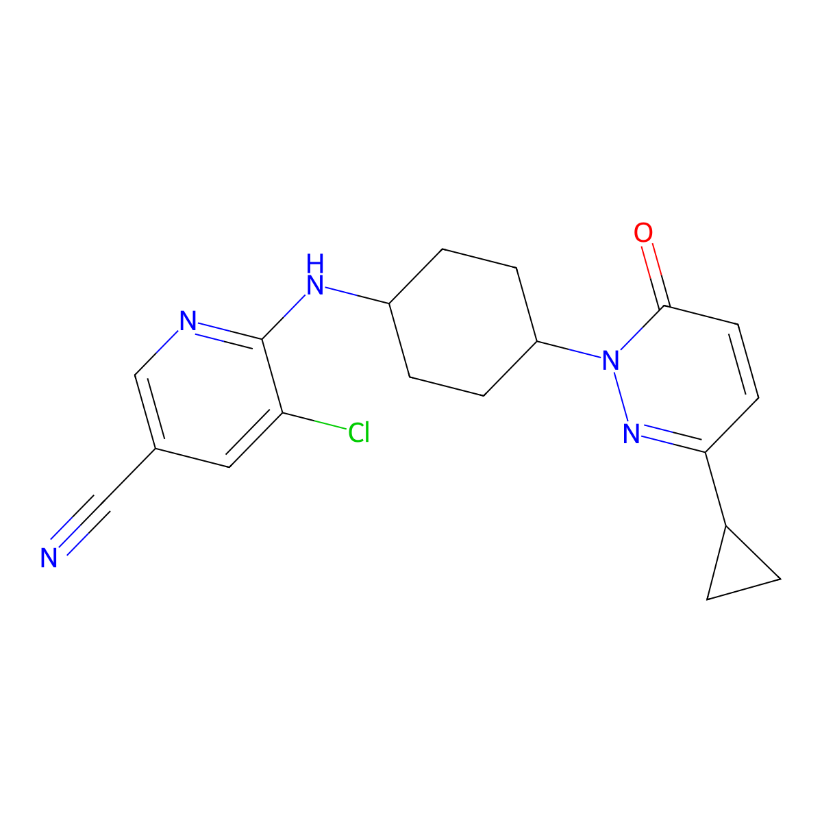 5-Chloro-6-{[4-(3-cyclopropyl-6-oxo-1,6-dihydropyridazin-1-yl)cyclohexyl]amino}pyridine-3-carbonitrile molecular structure, CAS 2380034-58-0