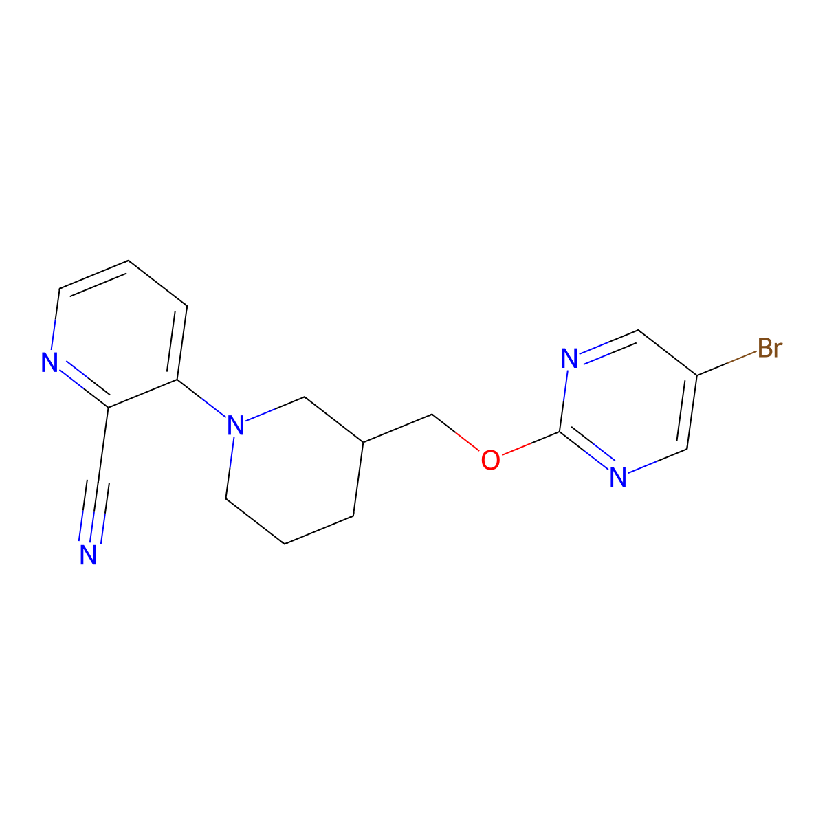 3-(3-{[(5-Bromopyrimidin-2-yl)oxy]methyl}piperidin-1-yl)pyridine-2-carbonitrile molecular structure, CAS 2380034-68-2