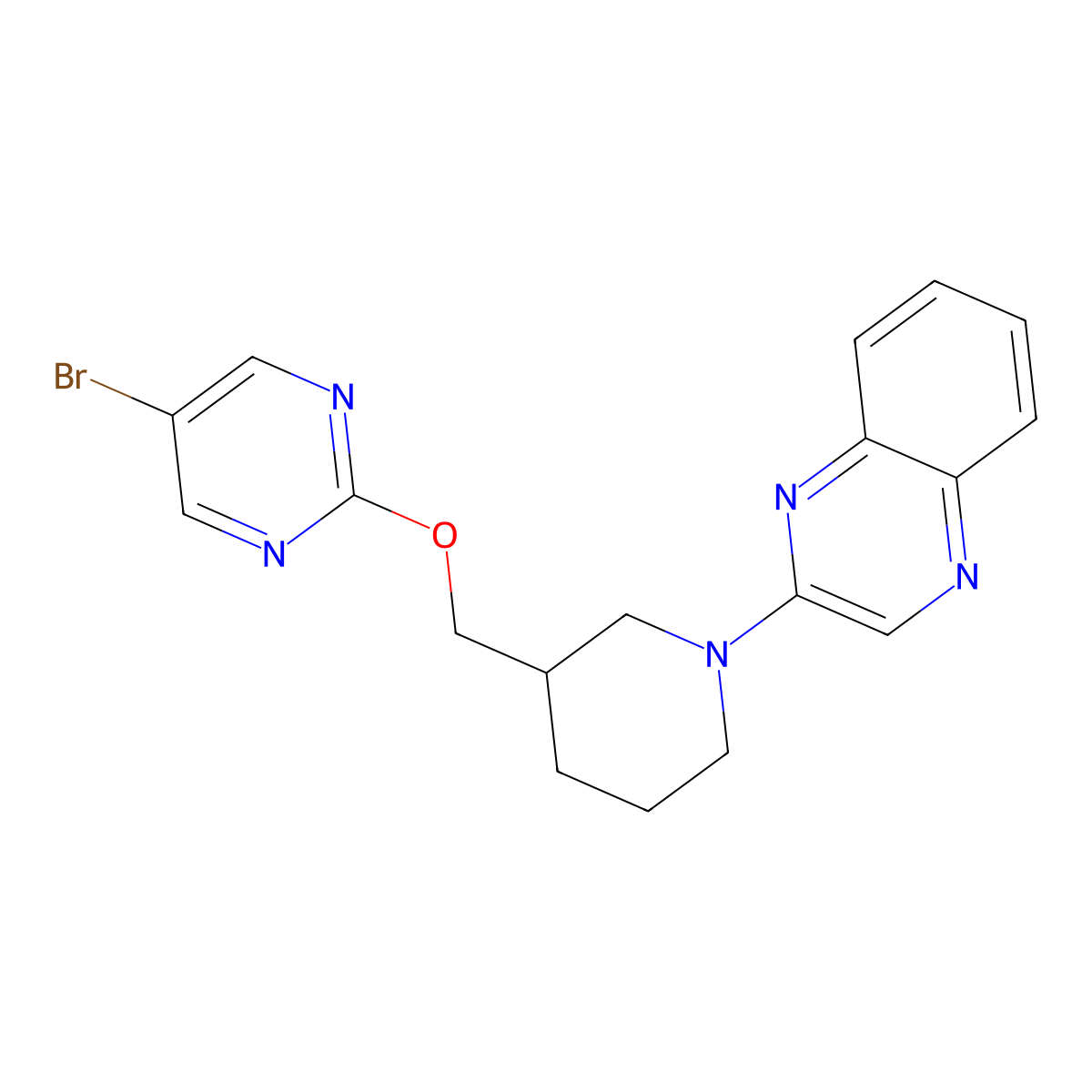 2-(3-{[(5-Bromopyrimidin-2-yl)oxy]methyl}piperidin-1-yl)quinoxaline molecular structure, CAS 2380034-69-3
