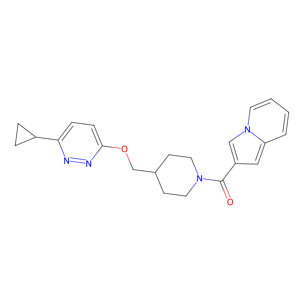 2-(4-{[(6-Cyclopropylpyridazin-3-yl)oxy]methyl}piperidine-1-carbonyl)indolizine molecular structure, CAS 2380034-77-3