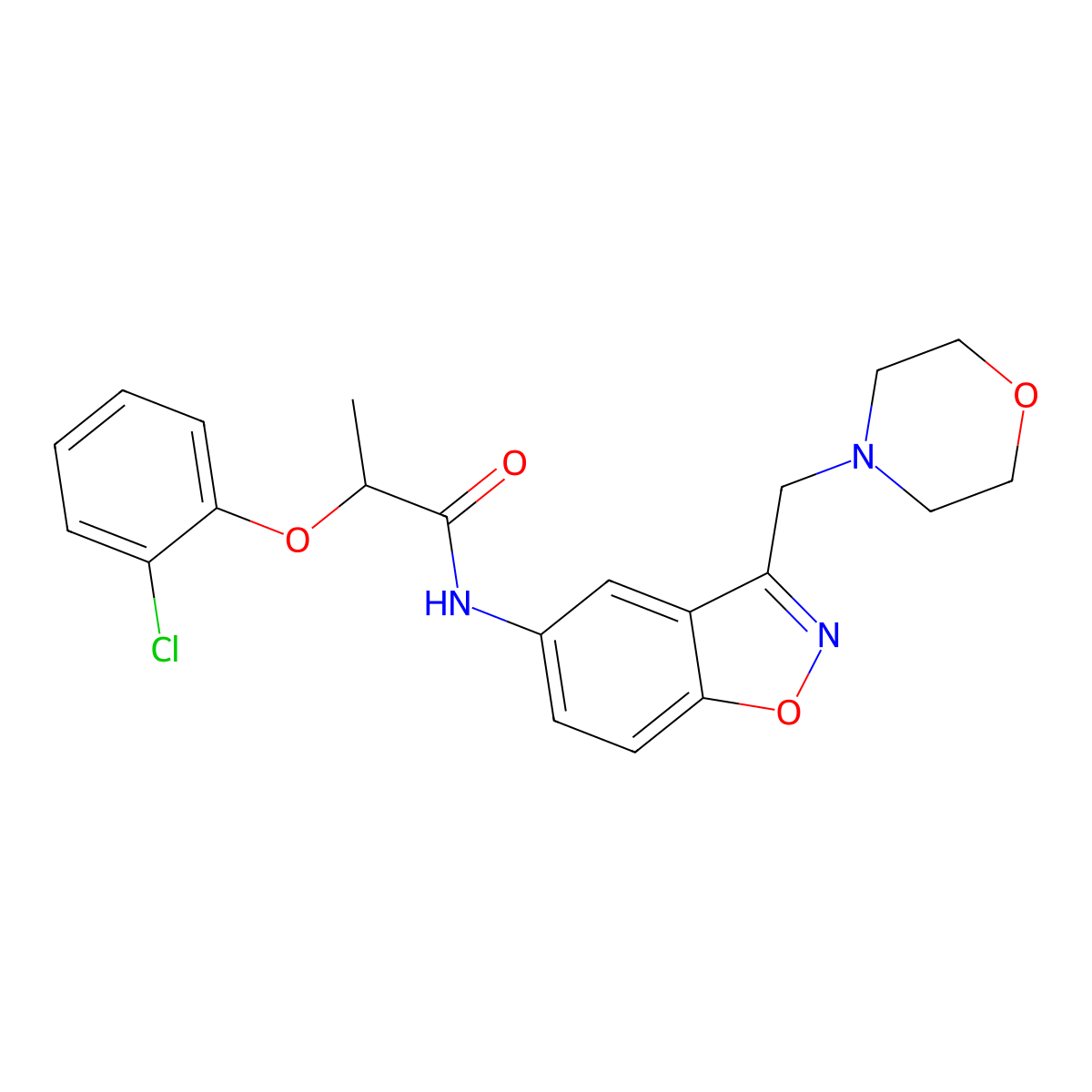 2-(2-chlorophenoxy)-N-{3-[(morpholin-4-yl)methyl]-1,2-benzoxazol-5-yl}propanamide molecular structure, CAS 2380034-91-1