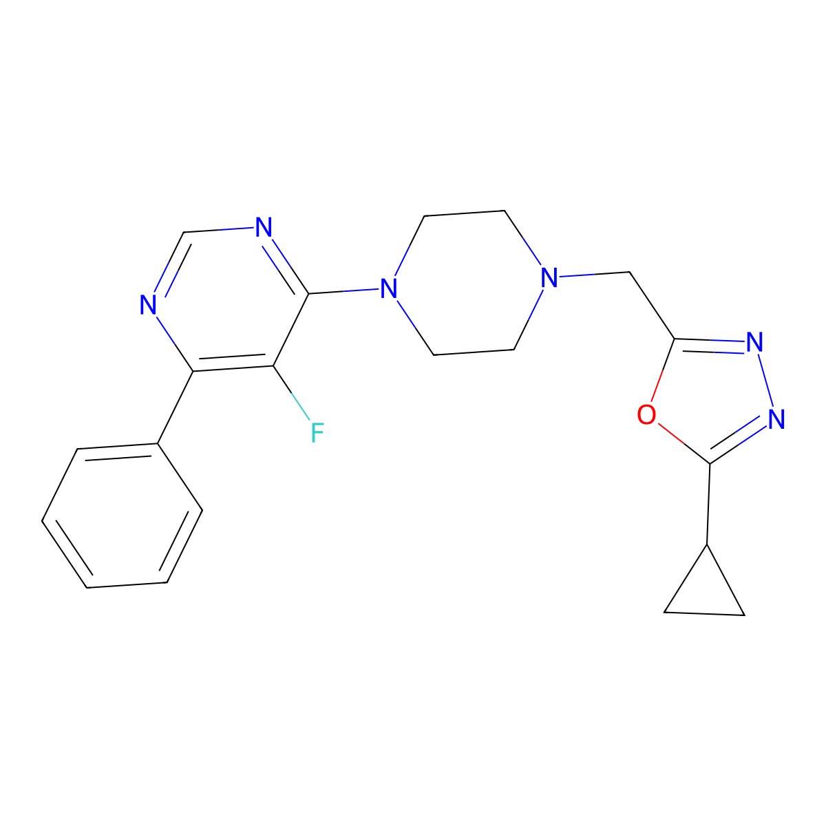 4-{4-[(5-Cyclopropyl-1,3,4-oxadiazol-2-yl)methyl]piperazin-1-yl}-5-fluoro-6-phenylpyrimidine molecular structure, CAS 2380034-92-2