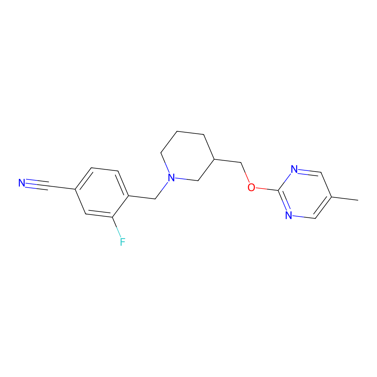 3-Fluoro-4-[(3-{[(5-methylpyrimidin-2-yl)oxy]methyl}piperidin-1-yl)methyl]benzonitrile molecular structure, CAS 2380034-97-7