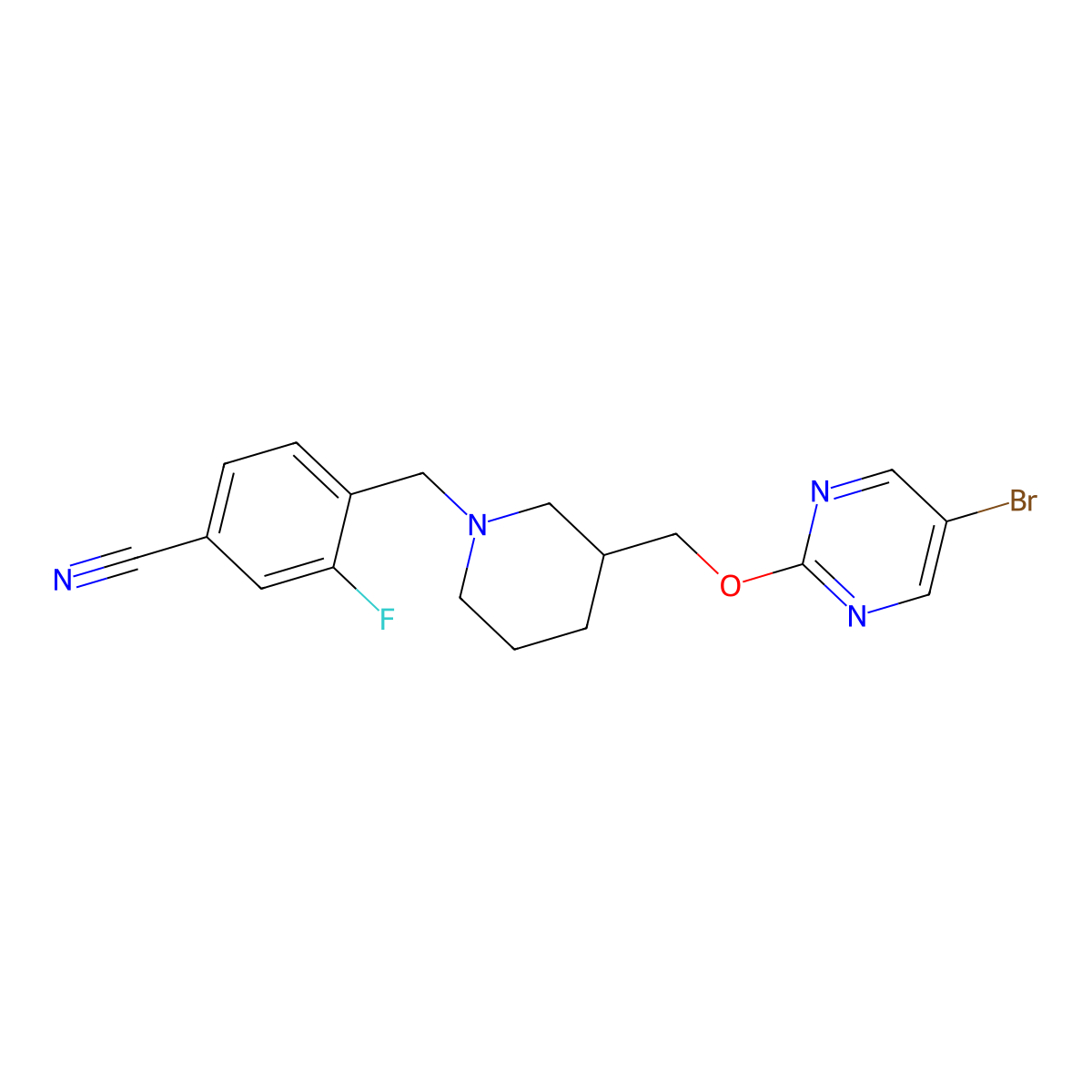 4-[(3-{[(5-Bromopyrimidin-2-yl)oxy]methyl}piperidin-1-yl)methyl]-3-fluorobenzonitrile molecular structure, CAS 2380035-02-7