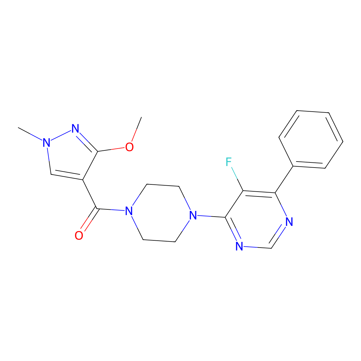 5-fluoro-4-[4-(3-methoxy-1-methyl-1H-pyrazole-4-carbonyl)piperazin-1-yl]-6-phenylpyrimidine molecular structure, CAS 2380039-85-8