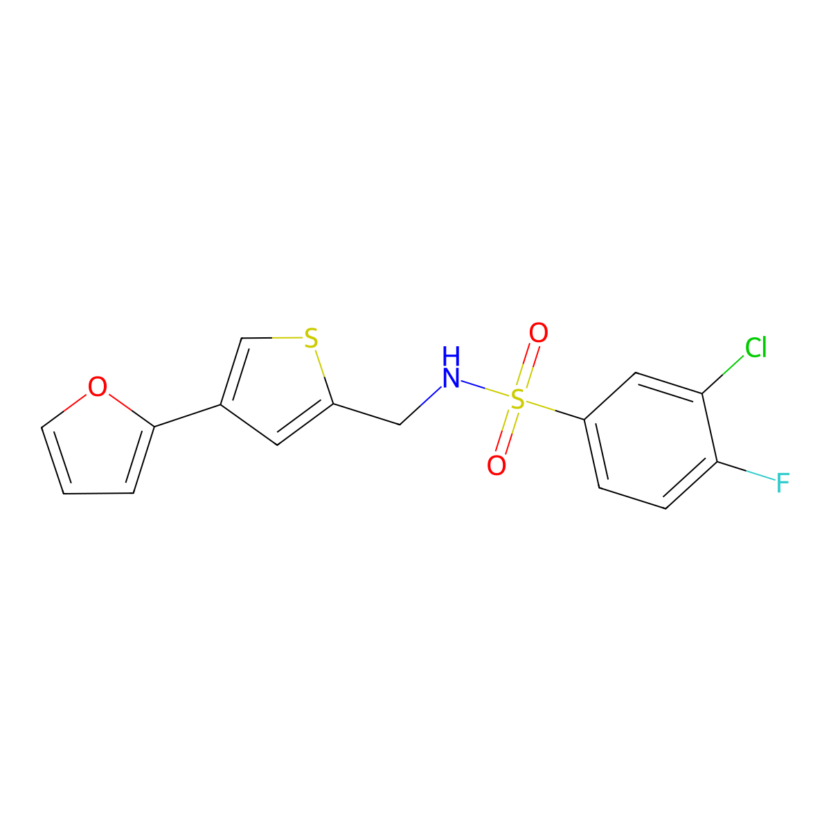 3-chloro-4-fluoro-N-{[4-(furan-2-yl)thiophen-2-yl]methyl}benzene-1-sulfonamide molecular structure, CAS 2380040-03-7