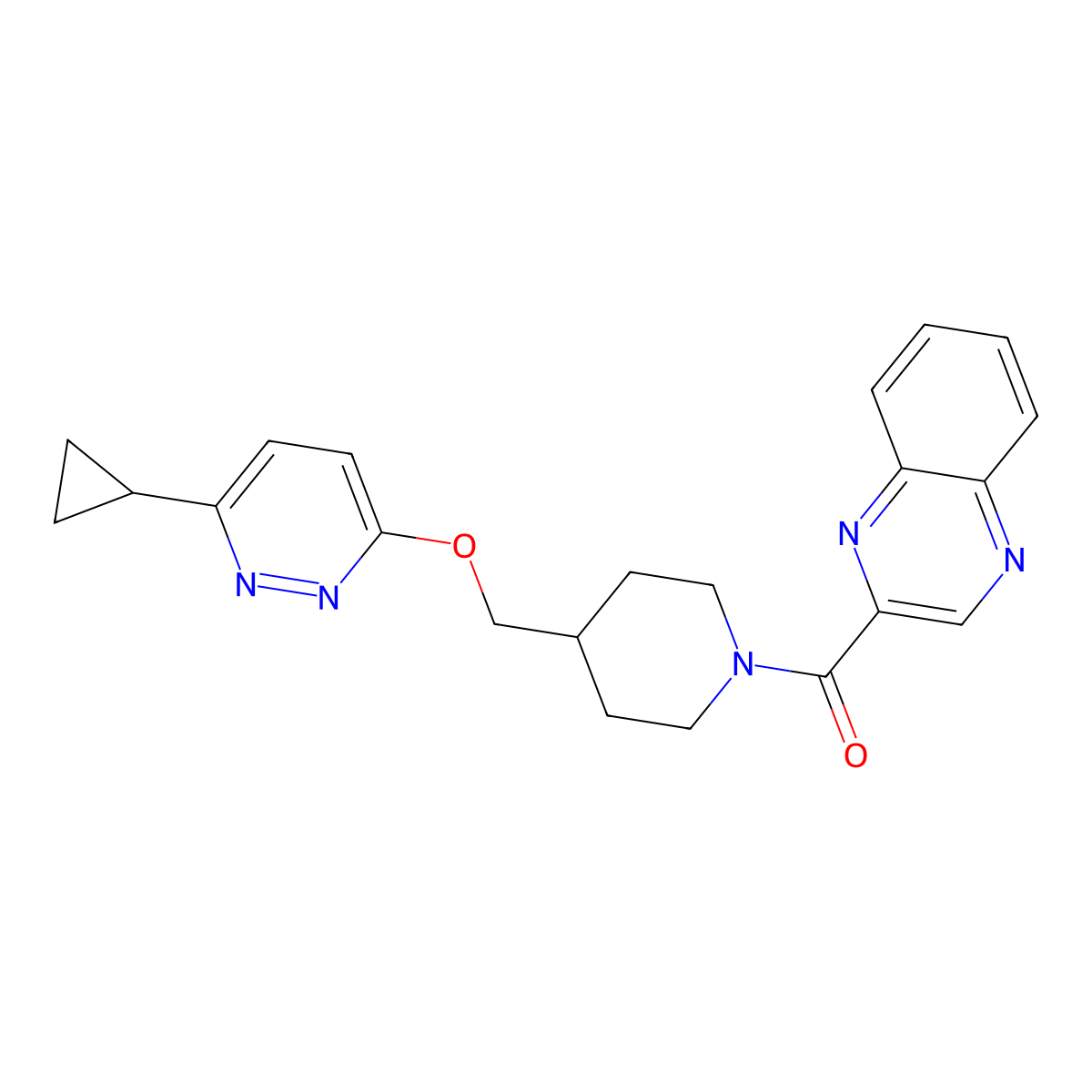 2-(4-{[(6-Cyclopropylpyridazin-3-yl)oxy]methyl}piperidine-1-carbonyl)quinoxaline molecular structure, CAS 2380040-11-7