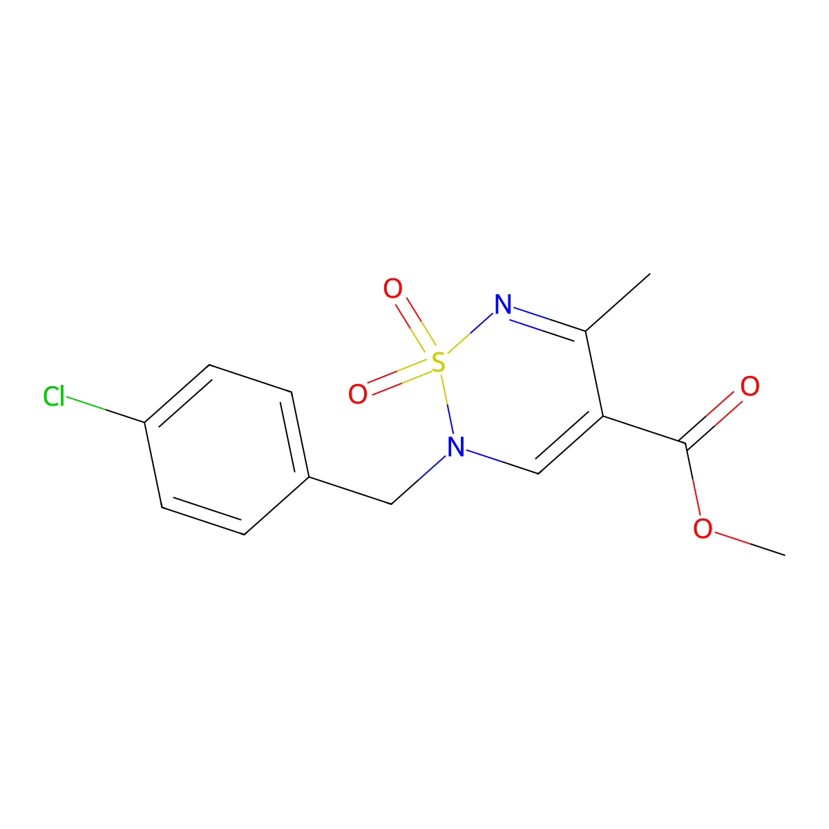 methyl 2-[(4-chlorophenyl)methyl]-5-methyl-1,1-dioxo-2H-1lambda6,2,6-thiadiazine-4-carboxylate molecular structure, CAS 2380040-12-8