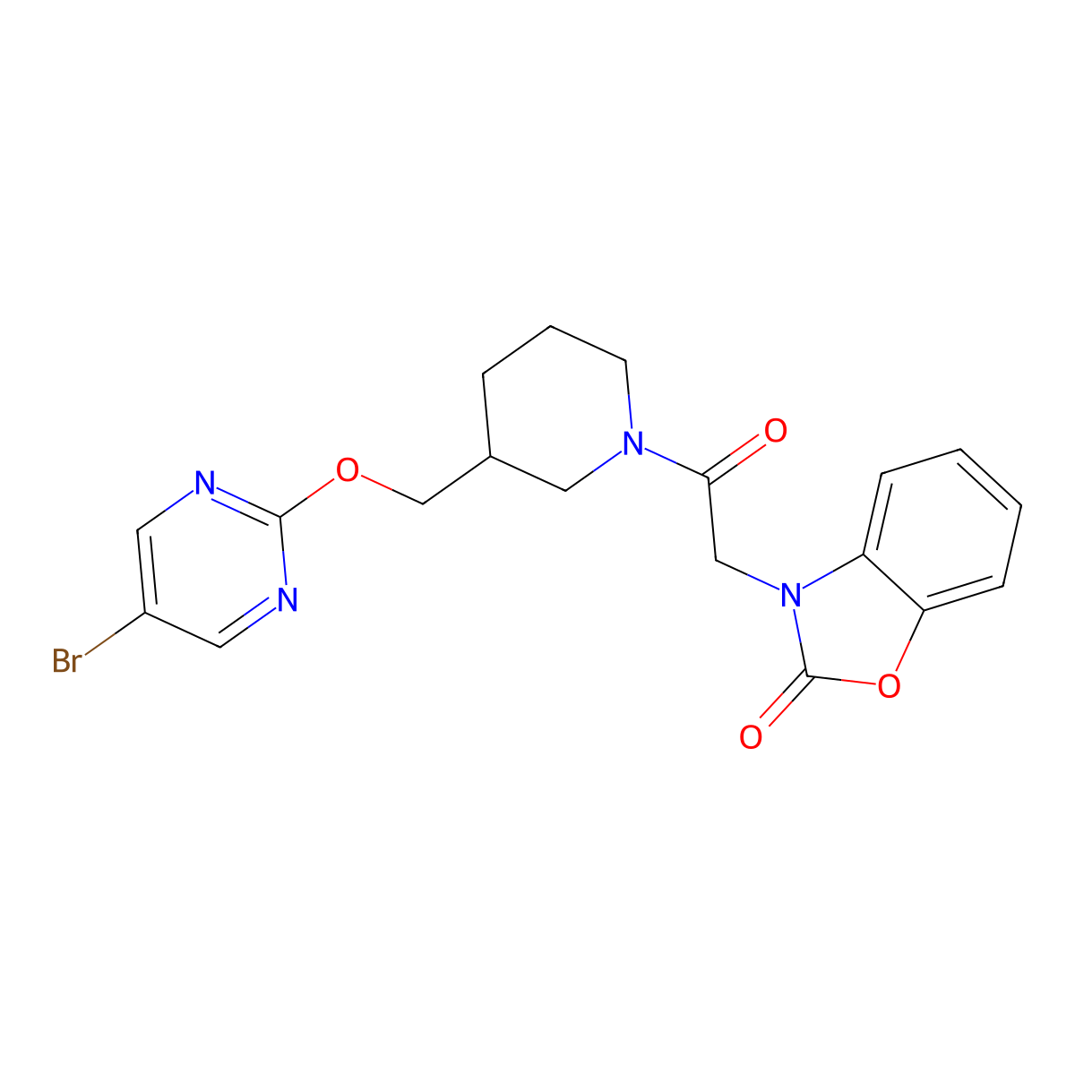 3-[2-(3-{[(5-Bromopyrimidin-2-yl)oxy]methyl}piperidin-1-yl)-2-oxoethyl]-2,3-dihydro-1,3-benzoxazol-2-one molecular structure, CAS 2380040-13-9