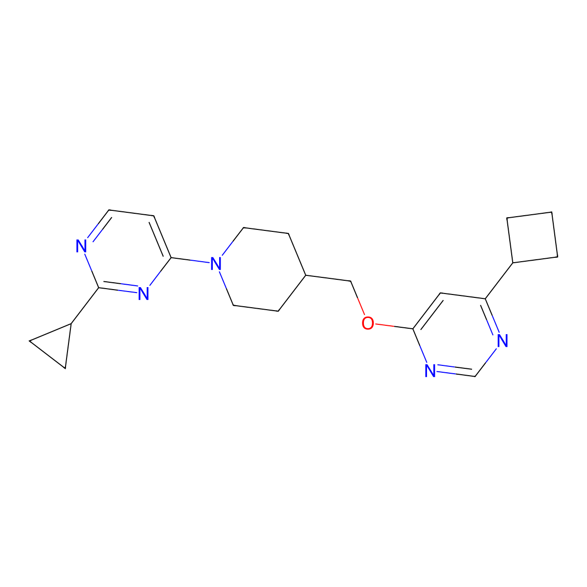 4-(4-{[(6-Cyclobutylpyrimidin-4-yl)oxy]methyl}piperidin-1-yl)-2-cyclopropylpyrimidine molecular structure, CAS 2380040-21-9