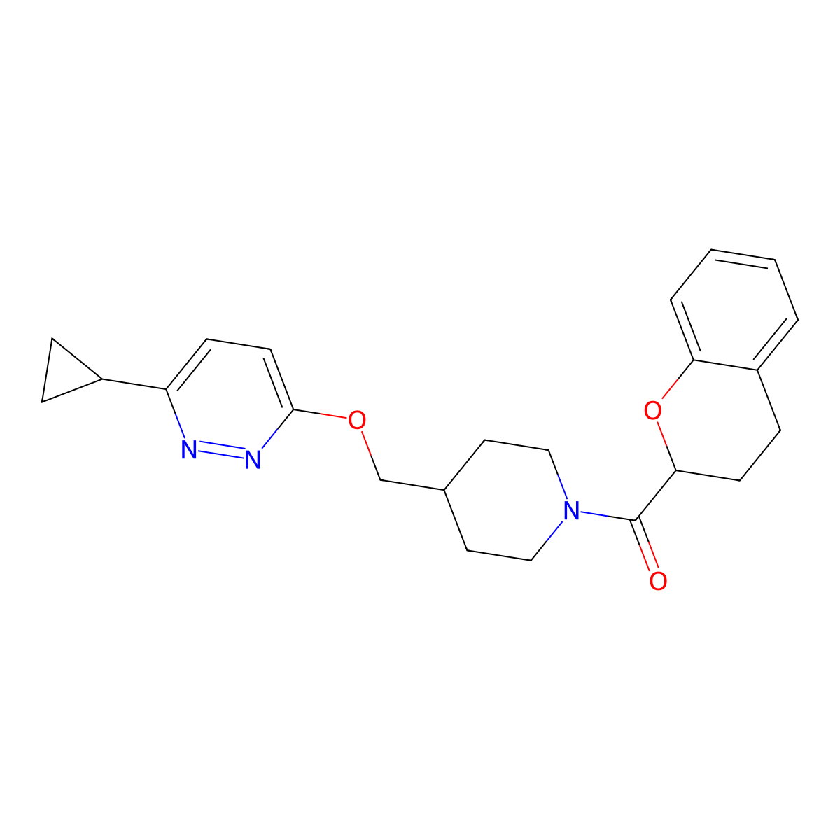 3-cyclopropyl-6-{[1-(3,4-dihydro-2H-1-benzopyran-2-carbonyl)piperidin-4-yl]methoxy}pyridazine molecular structure, CAS 2380040-35-5
