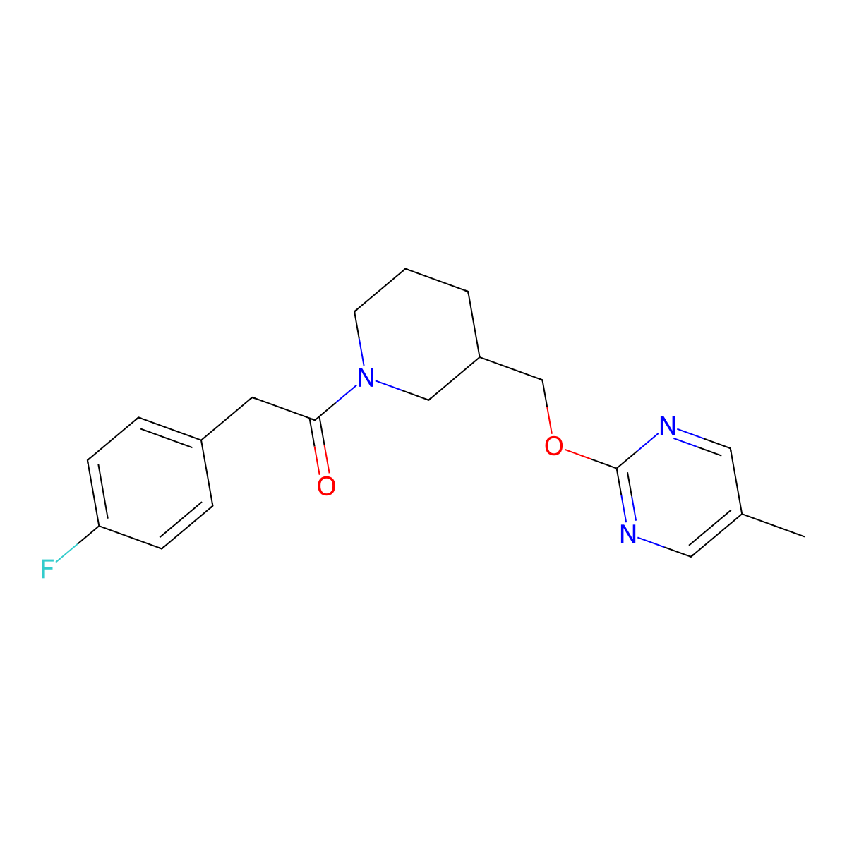 2-(4-Fluorophenyl)-1-(3-{[(5-methylpyrimidin-2-yl)oxy]methyl}piperidin-1-yl)ethan-1-one molecular structure, CAS 2380040-38-8