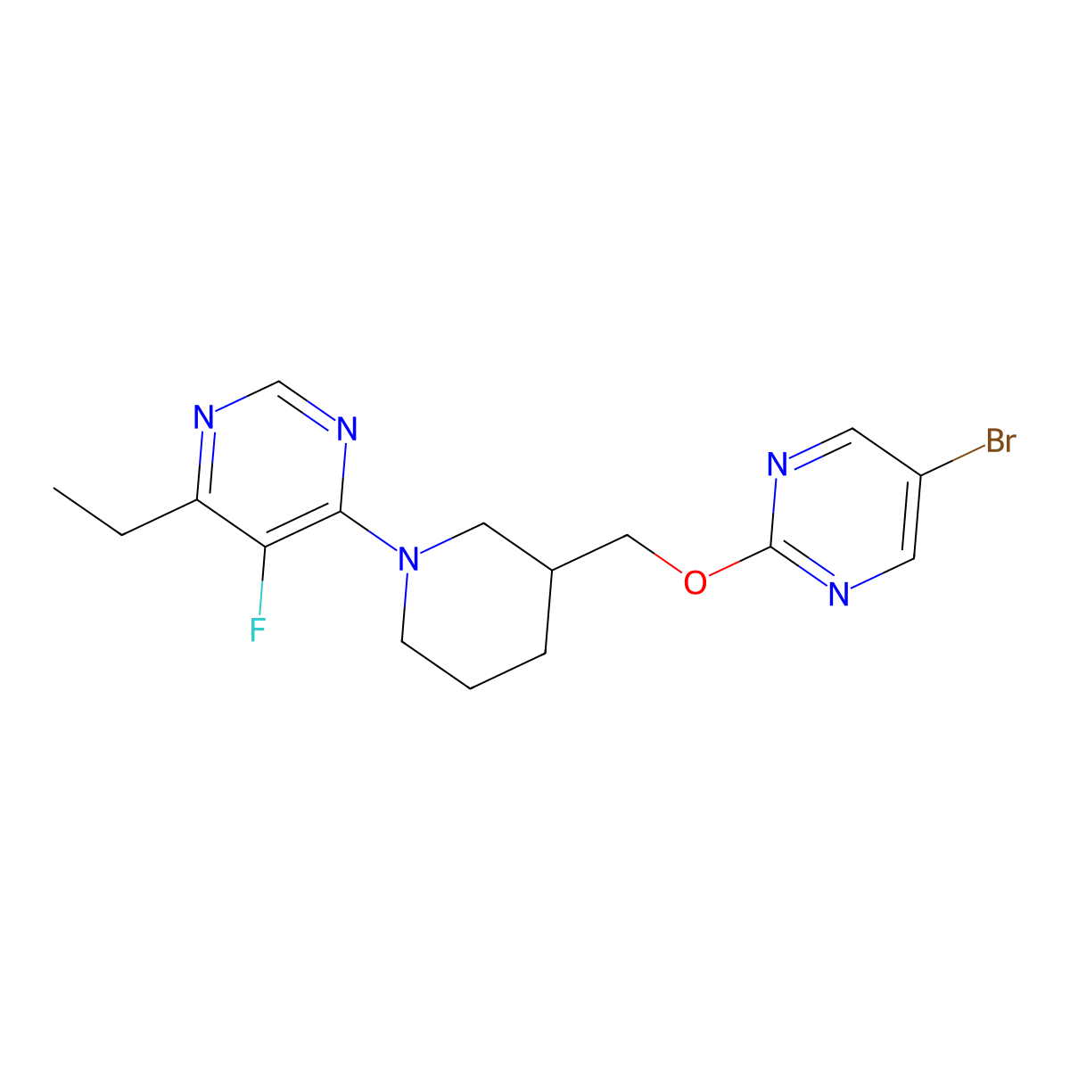 4-(3-{[(5-Bromopyrimidin-2-yl)oxy]methyl}piperidin-1-yl)-6-ethyl-5-fluoropyrimidine molecular structure, CAS 2380040-39-9