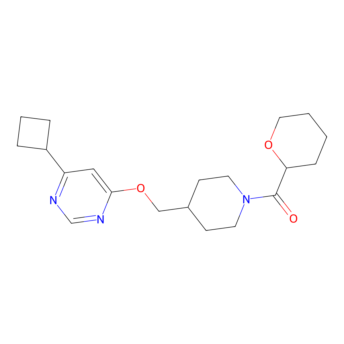 4-Cyclobutyl-6-{[1-(oxane-2-carbonyl)piperidin-4-yl]methoxy}pyrimidine molecular structure, CAS 2380040-43-5