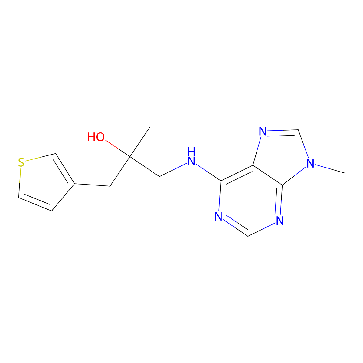 2-methyl-1-[(9-methyl-9H-purin-6-yl)amino]-3-(thiophen-3-yl)propan-2-ol molecular structure, CAS 2380040-47-9