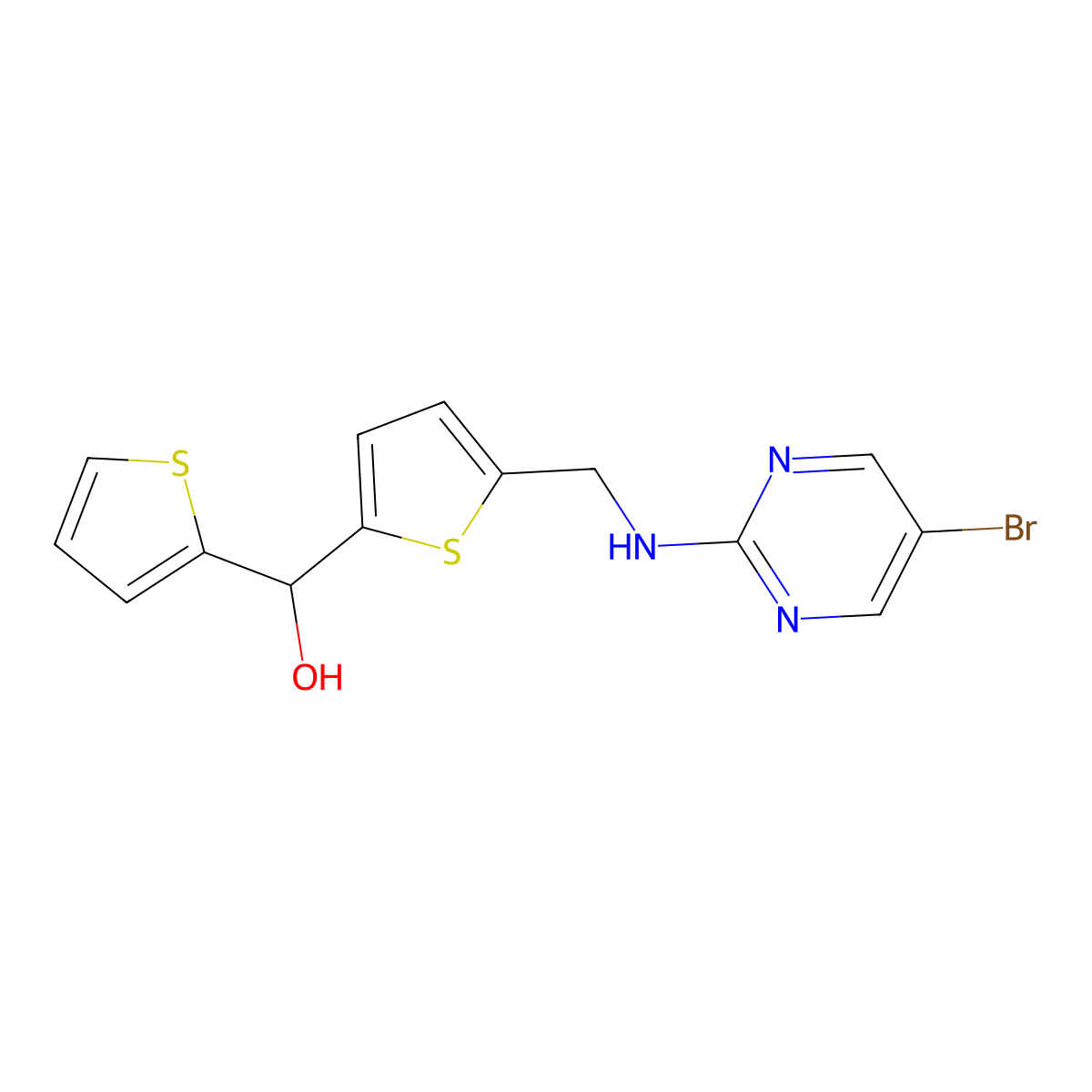 (5-{[(5-Bromopyrimidin-2-yl)amino]methyl}thiophen-2-yl)(thiophen-2-yl)methanol molecular structure, CAS 2380040-51-5