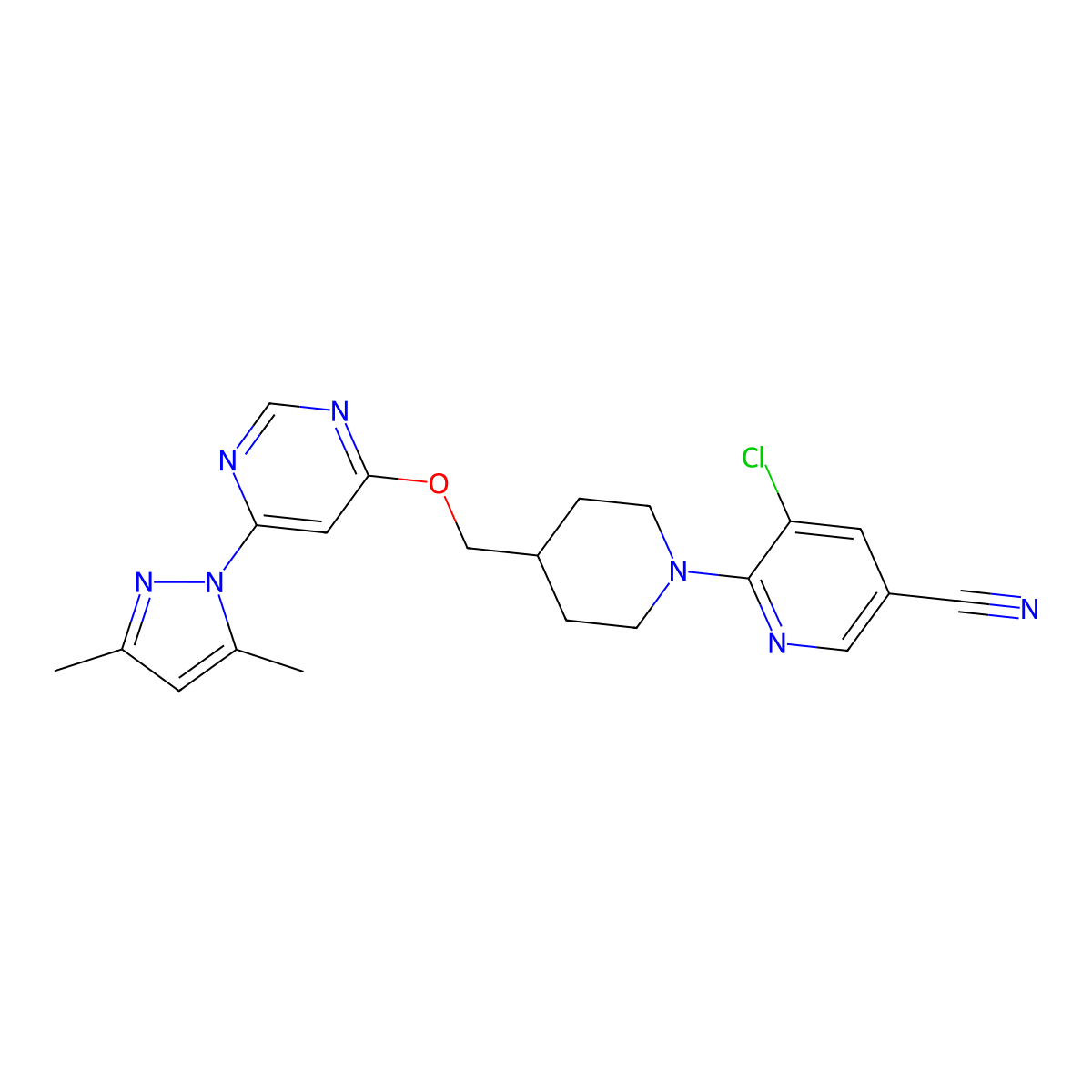 5-chloro-6-[4-({[6-(3,5-dimethyl-1H-pyrazol-1-yl)pyrimidin-4-yl]oxy}methyl)piperidin-1-yl]pyridine-3-carbonitrile molecular structure, CAS 2380040-55-9