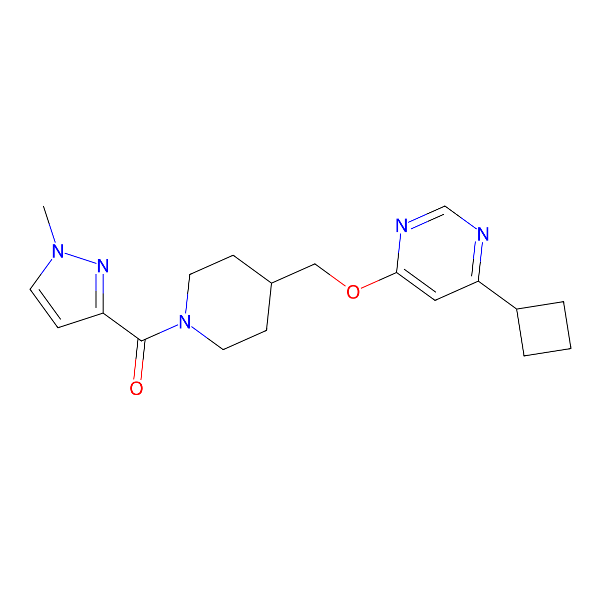 4-cyclobutyl-6-{[1-(1-methyl-1H-pyrazole-3-carbonyl)piperidin-4-yl]methoxy}pyrimidine molecular structure, CAS 2380040-59-3