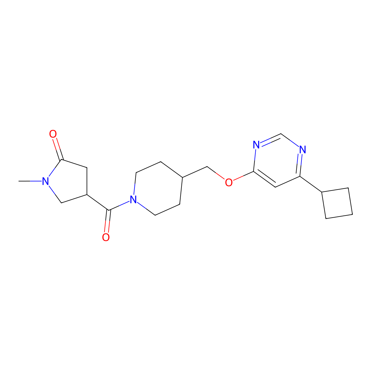 4-(4-{[(6-Cyclobutylpyrimidin-4-yl)oxy]methyl}piperidine-1-carbonyl)-1-methylpyrrolidin-2-one molecular structure, CAS 2380040-63-9