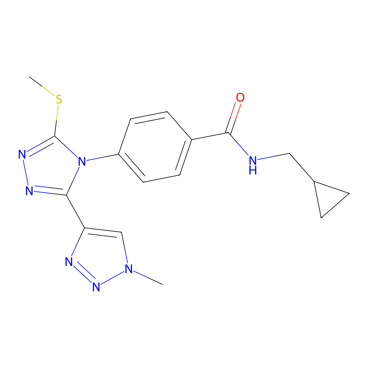 N-(cyclopropylmethyl)-4-[3-(1-methyl-1H-1,2,3-triazol-4-yl)-5-(methylsulfanyl)-4H-1,2,4-triazol-4-yl]benzamide molecular structure, CAS 2380040-65-1
