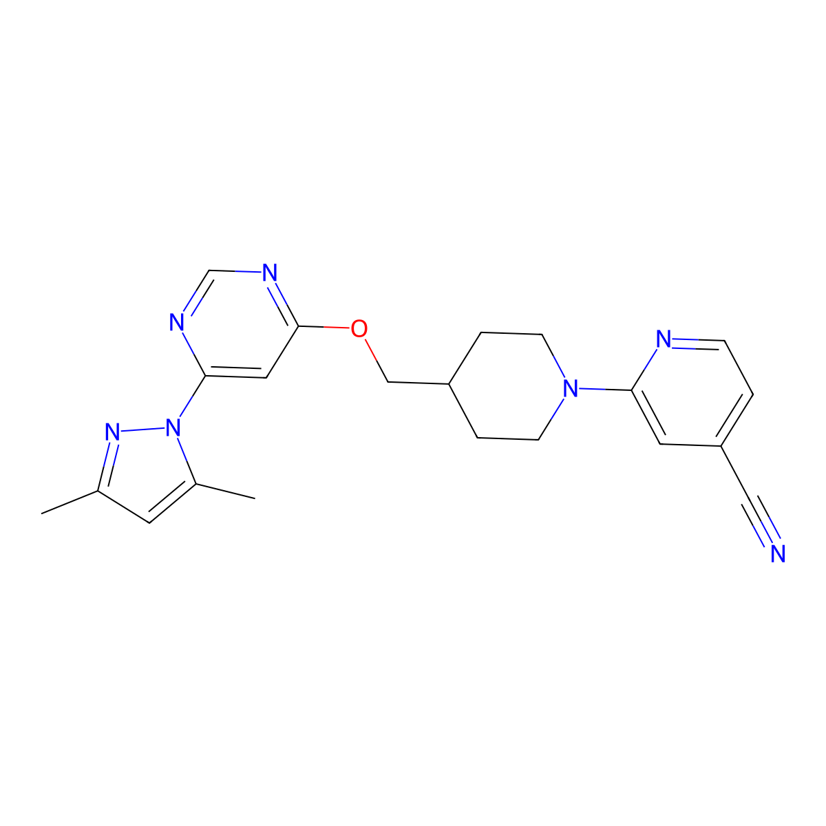 2-[4-({[6-(3,5-dimethyl-1H-pyrazol-1-yl)pyrimidin-4-yl]oxy}methyl)piperidin-1-yl]pyridine-4-carbonitrile molecular structure, CAS 2380040-66-2
