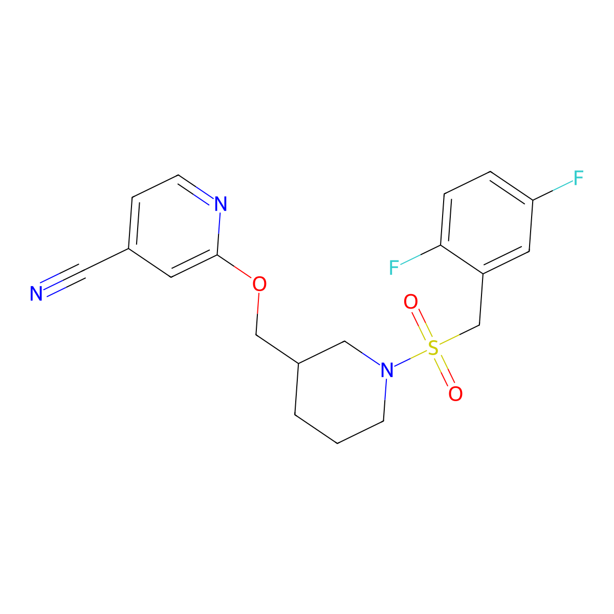 2-({1-[(2,5-Difluorophenyl)methanesulfonyl]piperidin-3-yl}methoxy)pyridine-4-carbonitrile molecular structure, CAS 2380040-76-4