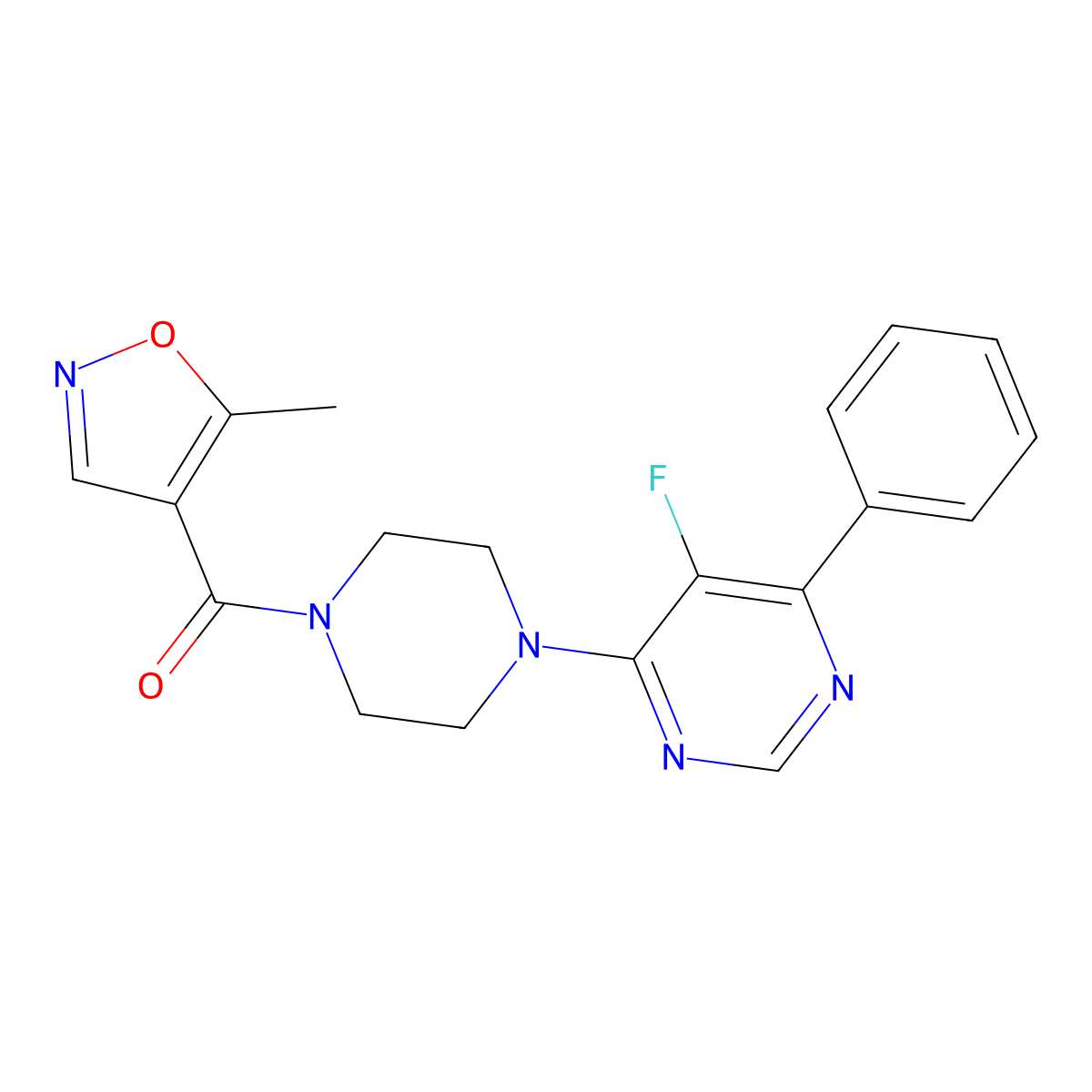5-Fluoro-4-[4-(5-methyl-1,2-oxazole-4-carbonyl)piperazin-1-yl]-6-phenylpyrimidine molecular structure, CAS 2380040-82-2