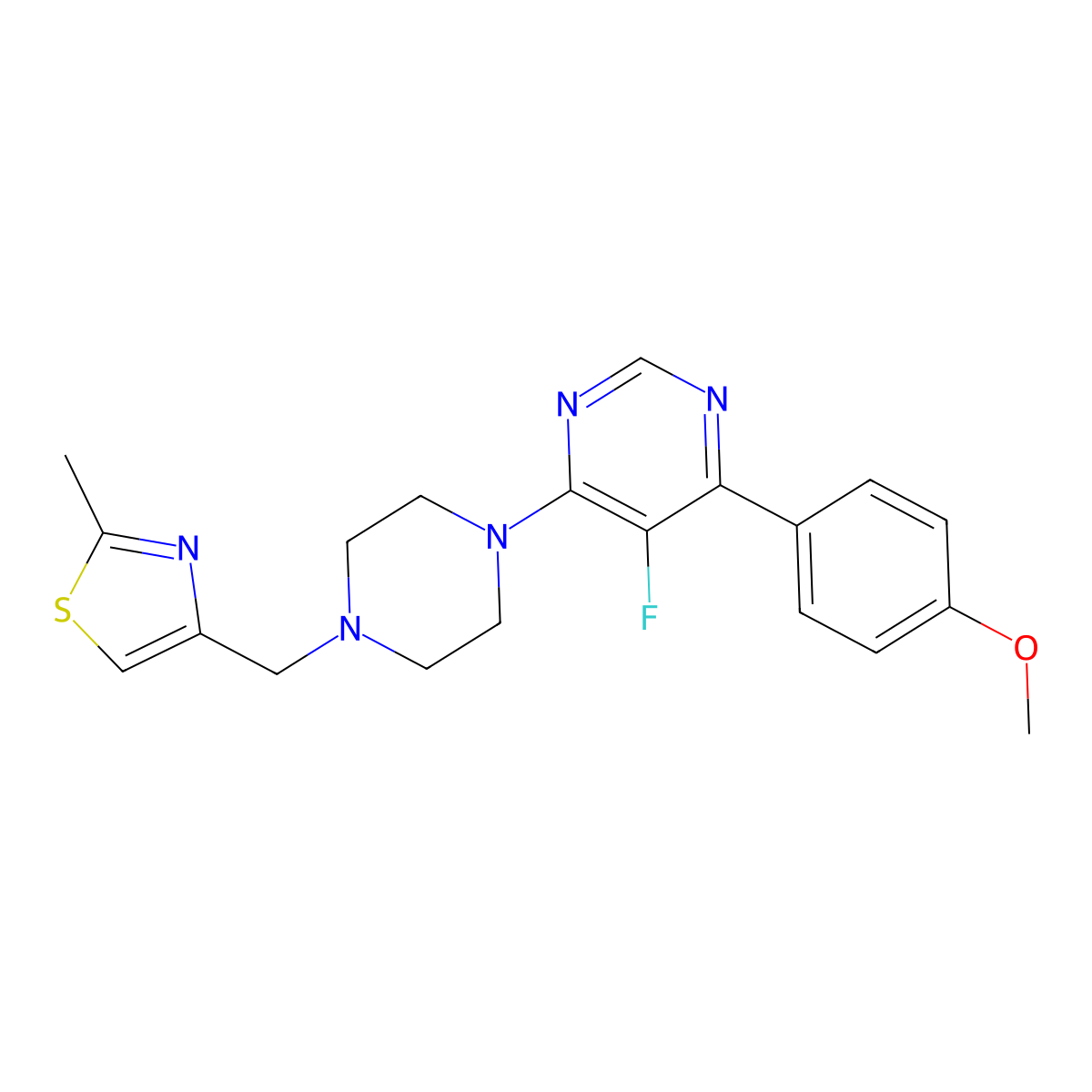 5-Fluoro-4-(4-methoxyphenyl)-6-{4-[(2-methyl-1,3-thiazol-4-yl)methyl]piperazin-1-yl}pyrimidine molecular structure, CAS 2380040-94-6