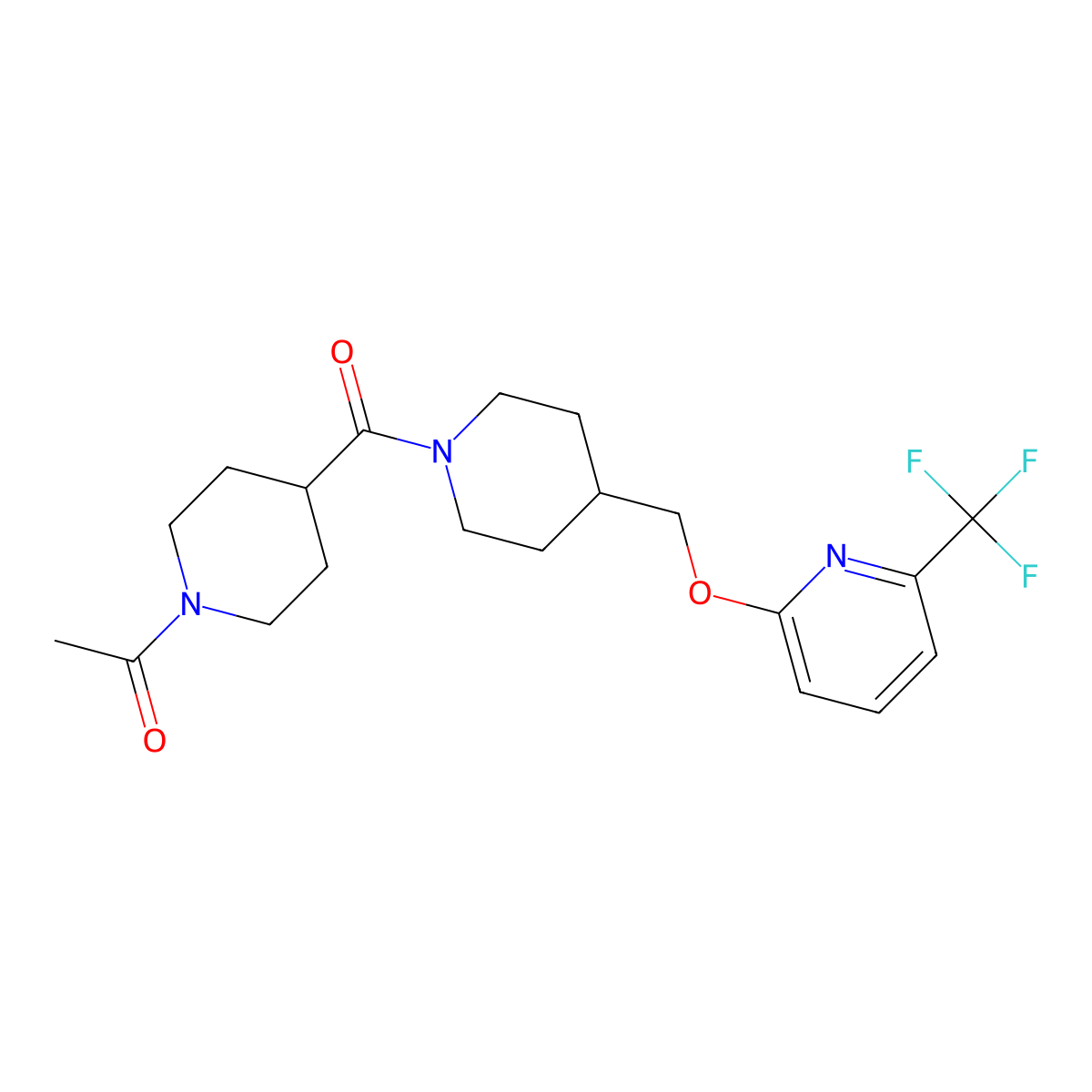 1-{4-[4-({[6-(Trifluoromethyl)pyridin-2-yl]oxy}methyl)piperidine-1-carbonyl]piperidin-1-yl}ethan-1-one molecular structure, CAS 2380040-96-8