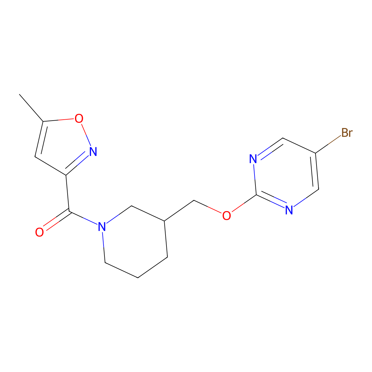 5-Bromo-2-{[1-(5-methyl-1,2-oxazole-3-carbonyl)piperidin-3-yl]methoxy}pyrimidine molecular structure, CAS 2380040-98-0