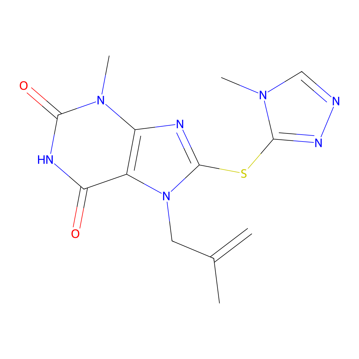 3-Methyl-7-(2-methylprop-2-enyl)-8-[(4-methyl-1,2,4-triazol-3-yl)sulfanyl]purine-2,6-dione molecular structure, CAS 2380041-13-2