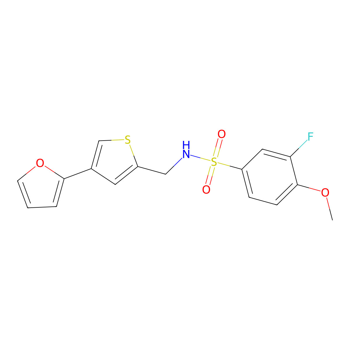 3-fluoro-N-{[4-(furan-2-yl)thiophen-2-yl]methyl}-4-methoxybenzene-1-sulfonamide molecular structure, CAS 2380041-48-3
