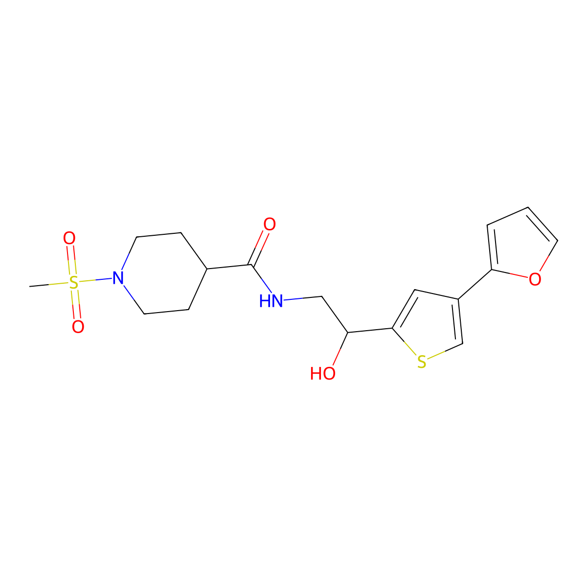 N-{2-[4-(furan-2-yl)thiophen-2-yl]-2-hydroxyethyl}-1-methanesulfonylpiperidine-4-carboxamide molecular structure, CAS 2380041-49-4