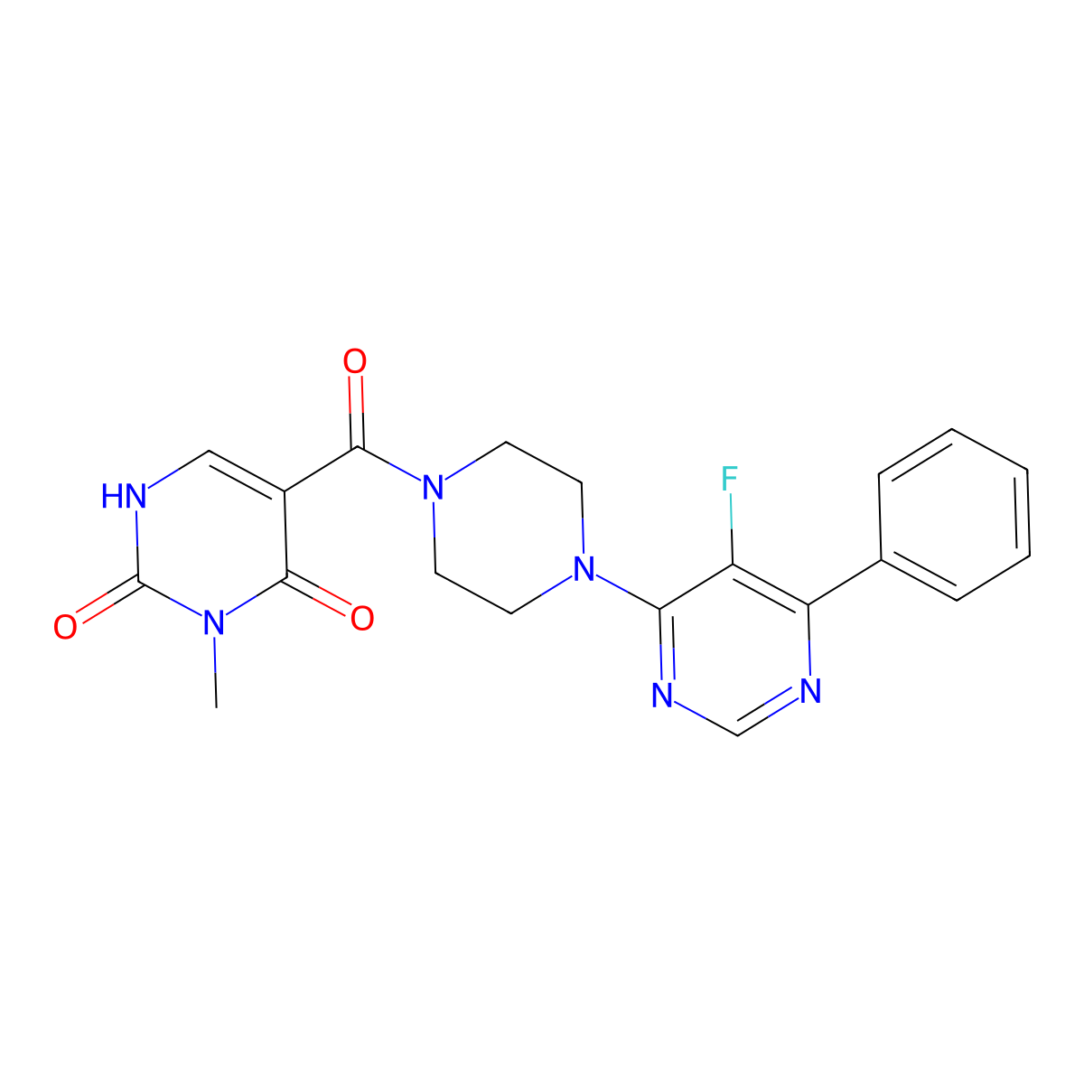 5-[4-(5-Fluoro-6-phenylpyrimidin-4-yl)piperazine-1-carbonyl]-3-methyl-1,2,3,4-tetrahydropyrimidine-2,4-dione molecular structure, CAS 2380041-73-4