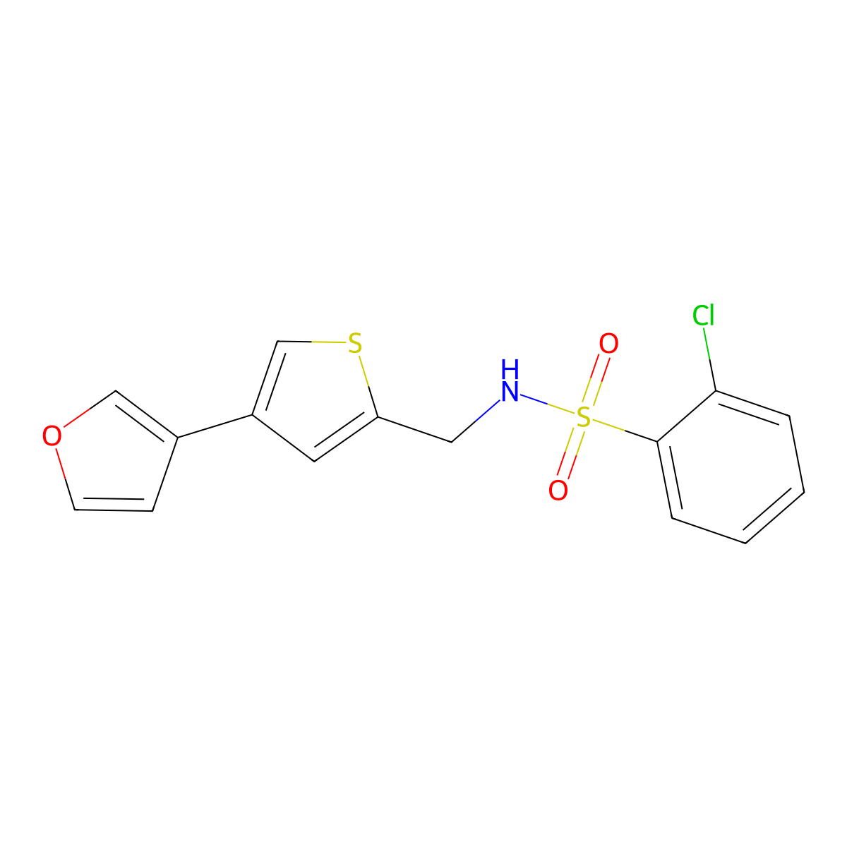 2-chloro-N-{[4-(furan-3-yl)thiophen-2-yl]methyl}benzene-1-sulfonamide molecular structure, CAS 2380042-02-2