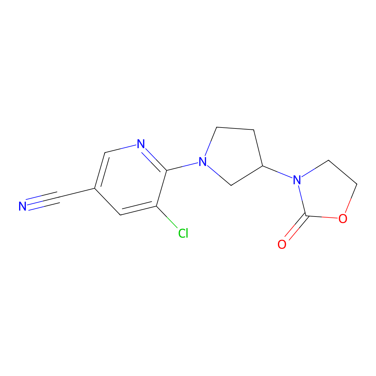 5-Chloro-6-[3-(2-oxo-1,3-oxazolidin-3-yl)pyrrolidin-1-yl]pyridine-3-carbonitrile molecular structure, CAS 2380042-09-9