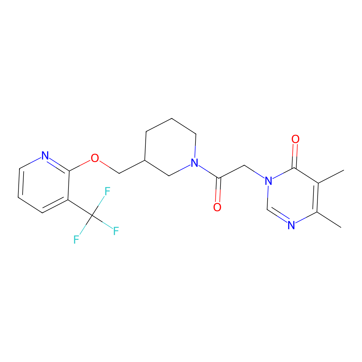 5,6-Dimethyl-3-{2-oxo-2-[3-({[3-(trifluoromethyl)pyridin-2-yl]oxy}methyl)piperidin-1-yl]ethyl}-3,4-dihydropyrimidin-4-one molecular structure, CAS 2380042-14-6
