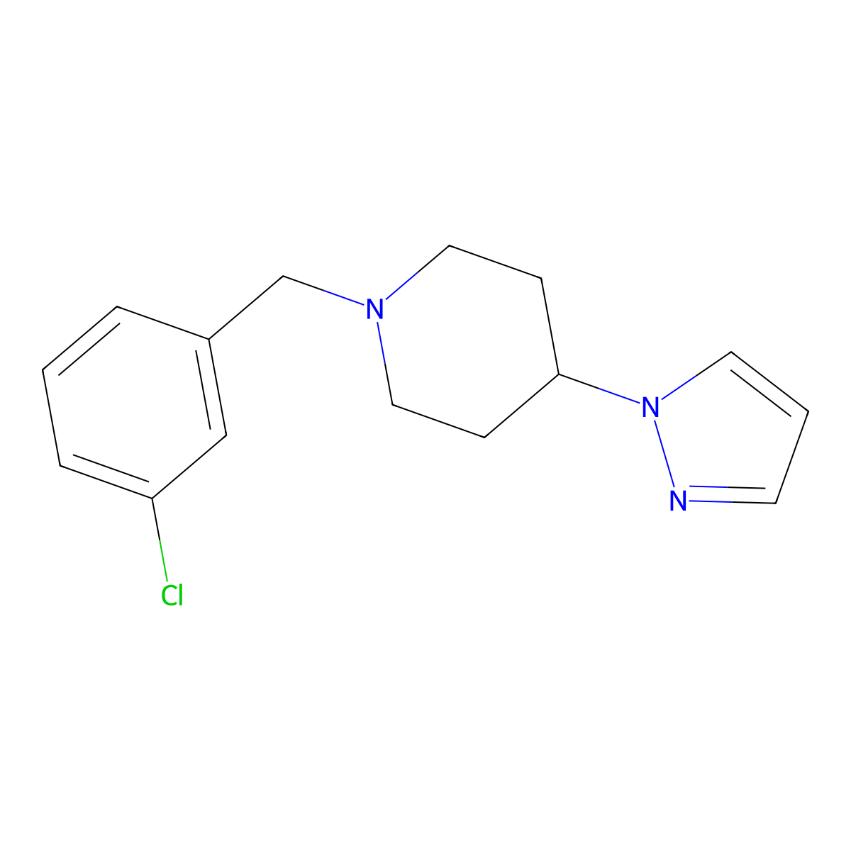 1-[(3-chlorophenyl)methyl]-4-(1H-pyrazol-1-yl)piperidine molecular structure, CAS 2380042-15-7