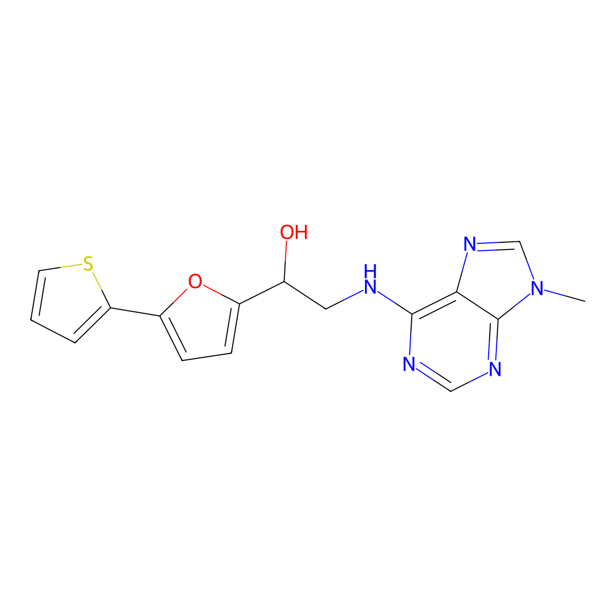 2-[(9-methyl-9H-purin-6-yl)amino]-1-[5-(thiophen-2-yl)furan-2-yl]ethan-1-ol molecular structure, CAS 2380042-18-0