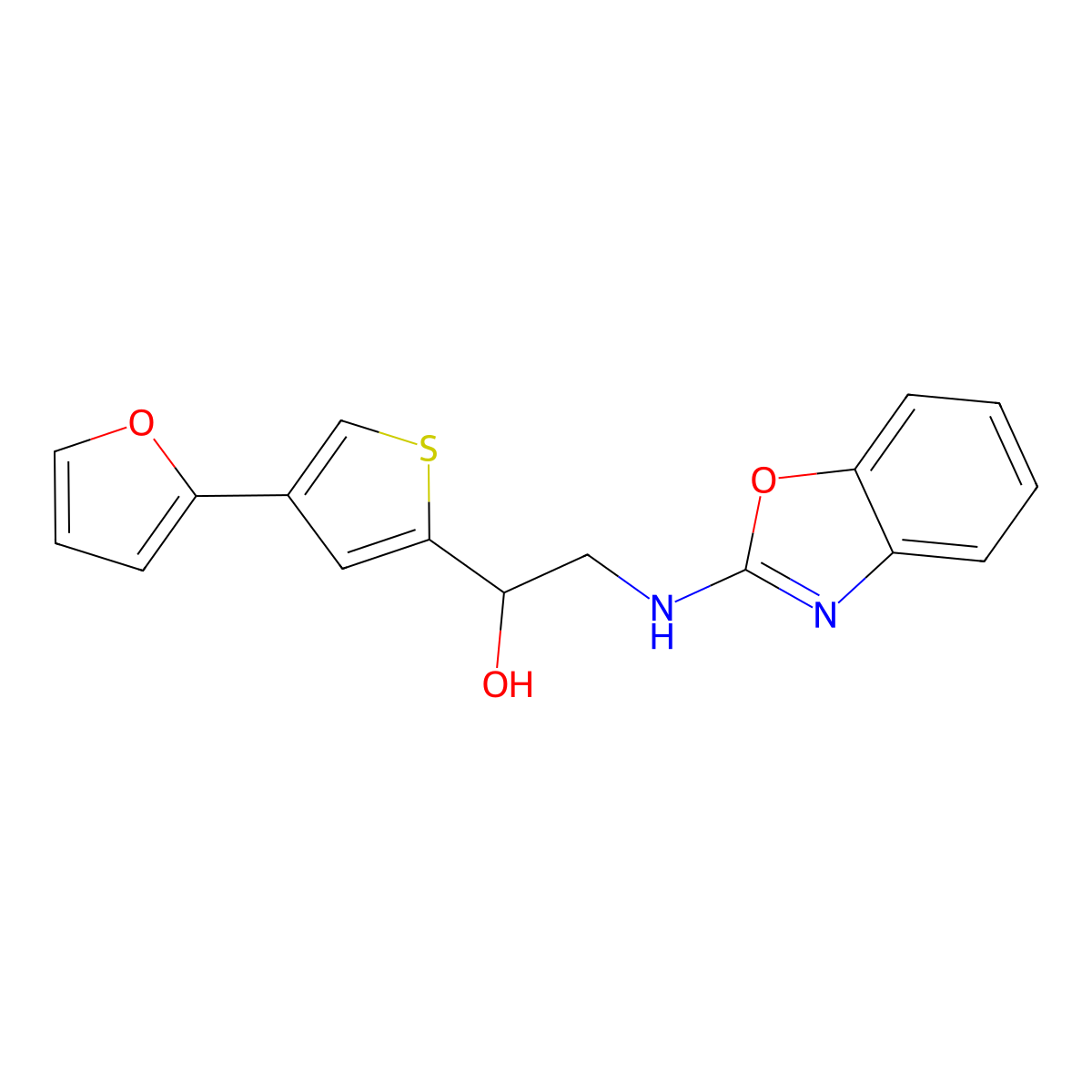 2-[(1,3-Benzoxazol-2-yl)amino]-1-[4-(furan-2-yl)thiophen-2-yl]ethan-1-ol molecular structure, CAS 2380042-22-6