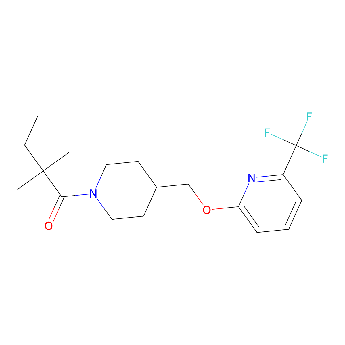 2,2-Dimethyl-1-[4-({[6-(trifluoromethyl)pyridin-2-yl]oxy}methyl)piperidin-1-yl]butan-1-one molecular structure, CAS 2380042-52-2
