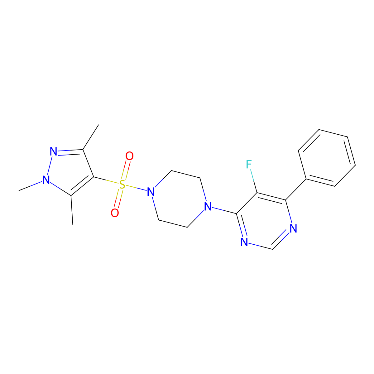 5-fluoro-4-phenyl-6-{4-[(1,3,5-trimethyl-1H-pyrazol-4-yl)sulfonyl]piperazin-1-yl}pyrimidine molecular structure, CAS 2380042-54-4