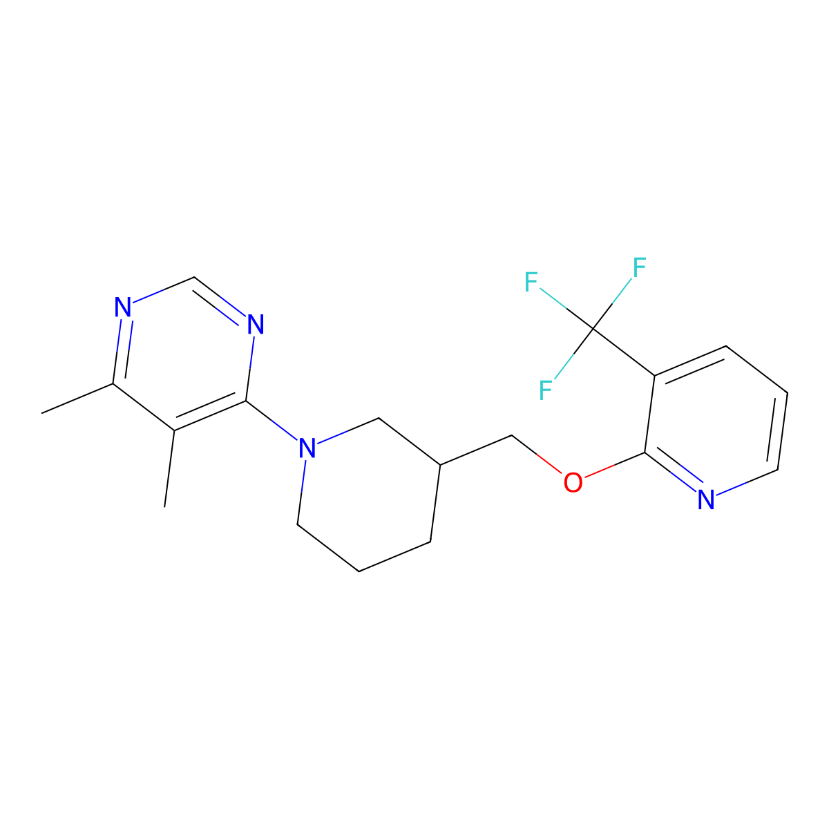 4,5-Dimethyl-6-[3-({[3-(trifluoromethyl)pyridin-2-yl]oxy}methyl)piperidin-1-yl]pyrimidine molecular structure, CAS 2380042-58-8
