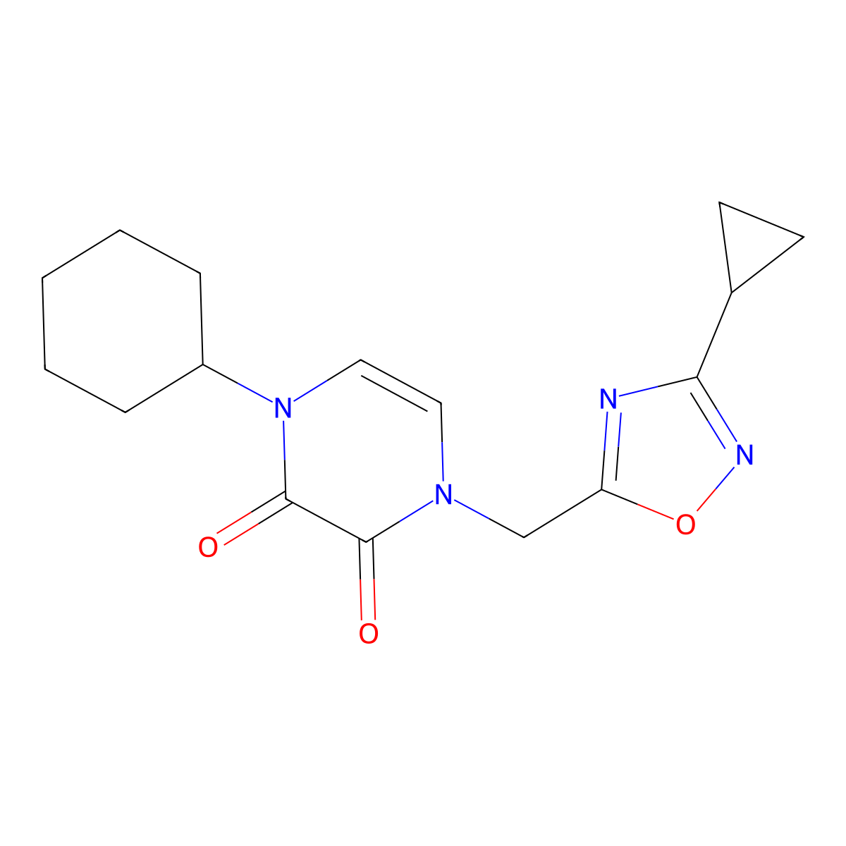1-Cyclohexyl-4-[(3-cyclopropyl-1,2,4-oxadiazol-5-yl)methyl]-1,2,3,4-tetrahydropyrazine-2,3-dione molecular structure, CAS 2380042-60-2